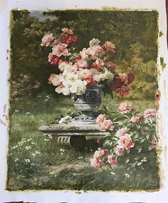Lemaire  - Vase mit Pfingstrosen in einem Garten